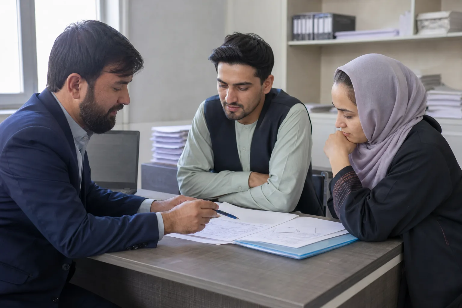 Prospective students discussing an application with an admissions adviser