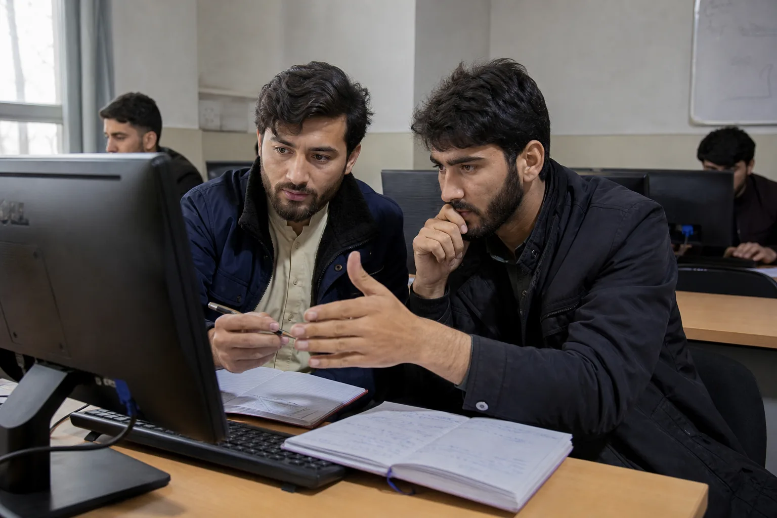 Computer science students debugging a software project together