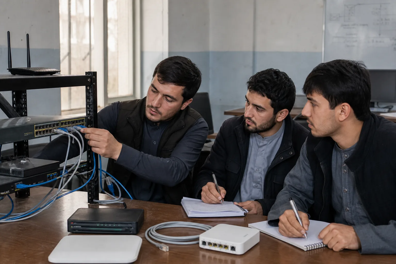 Information technology students working with networking equipment
