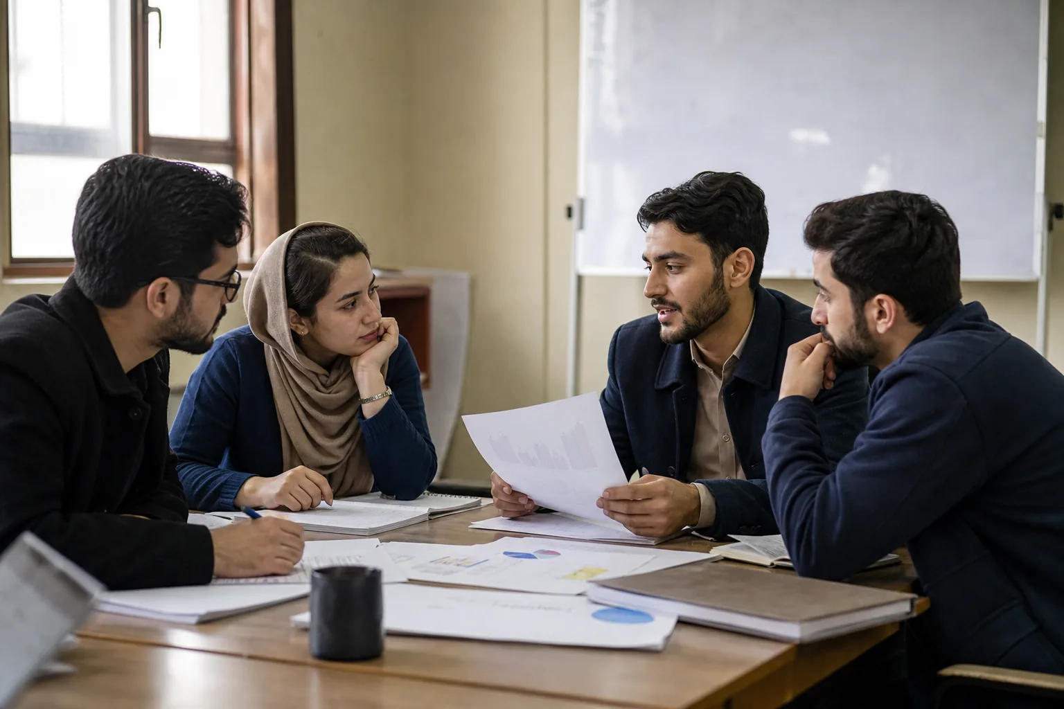 Business students discussing a case study in class
