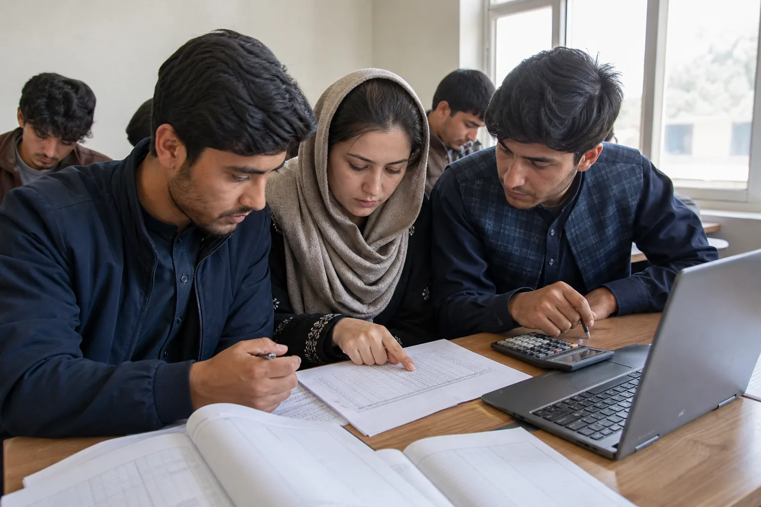 Accounting students comparing figures during a class exercise