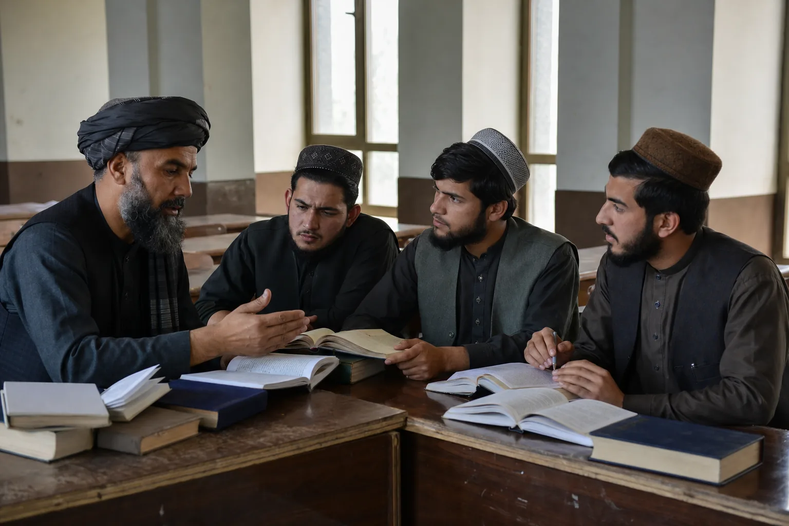 Lecturer and students discussing a scholarly text