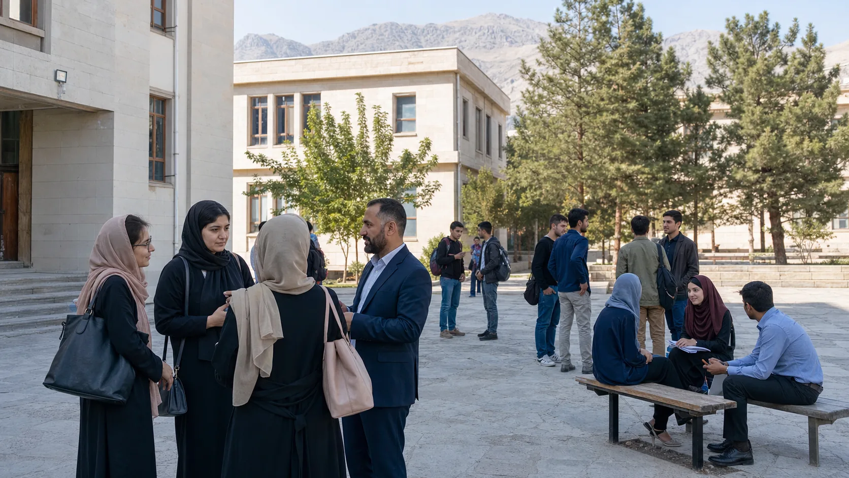Students and staff meeting in the campus courtyard