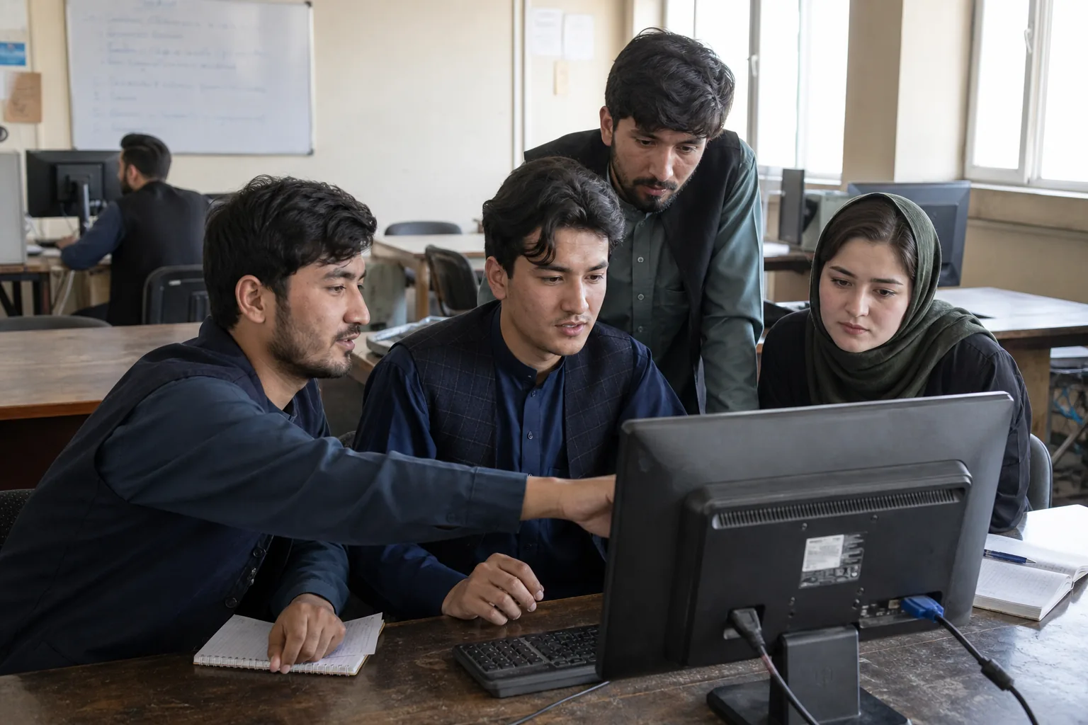 Students collaborating on a computing assignment