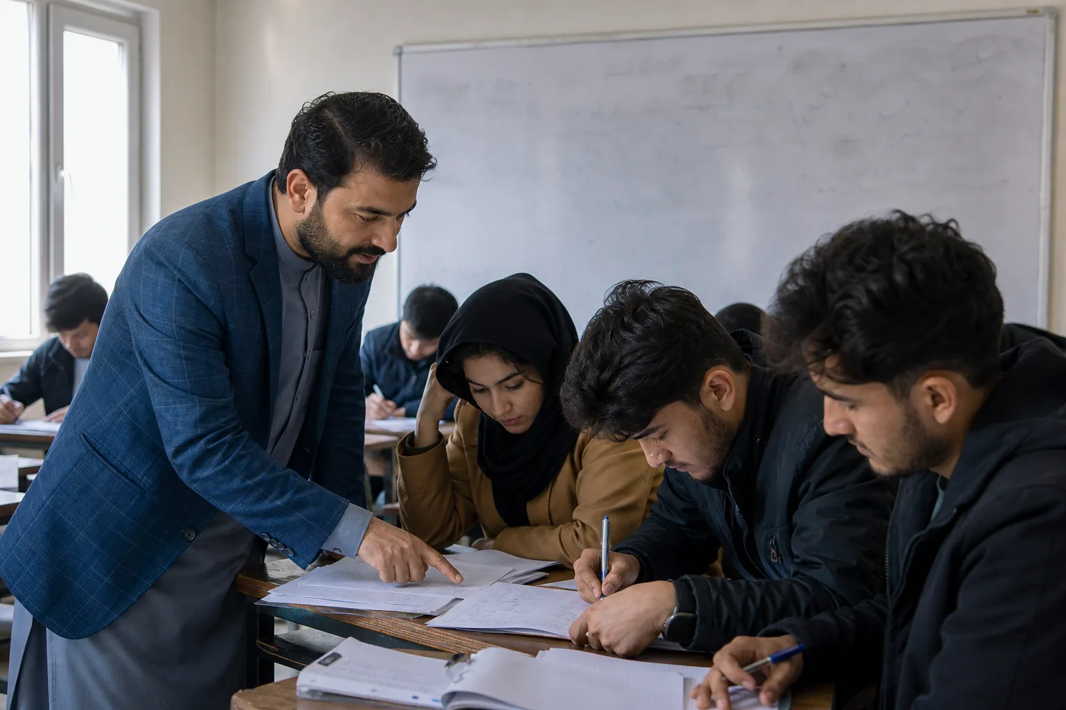 Instructor helping students during a Kankor preparation workshop
