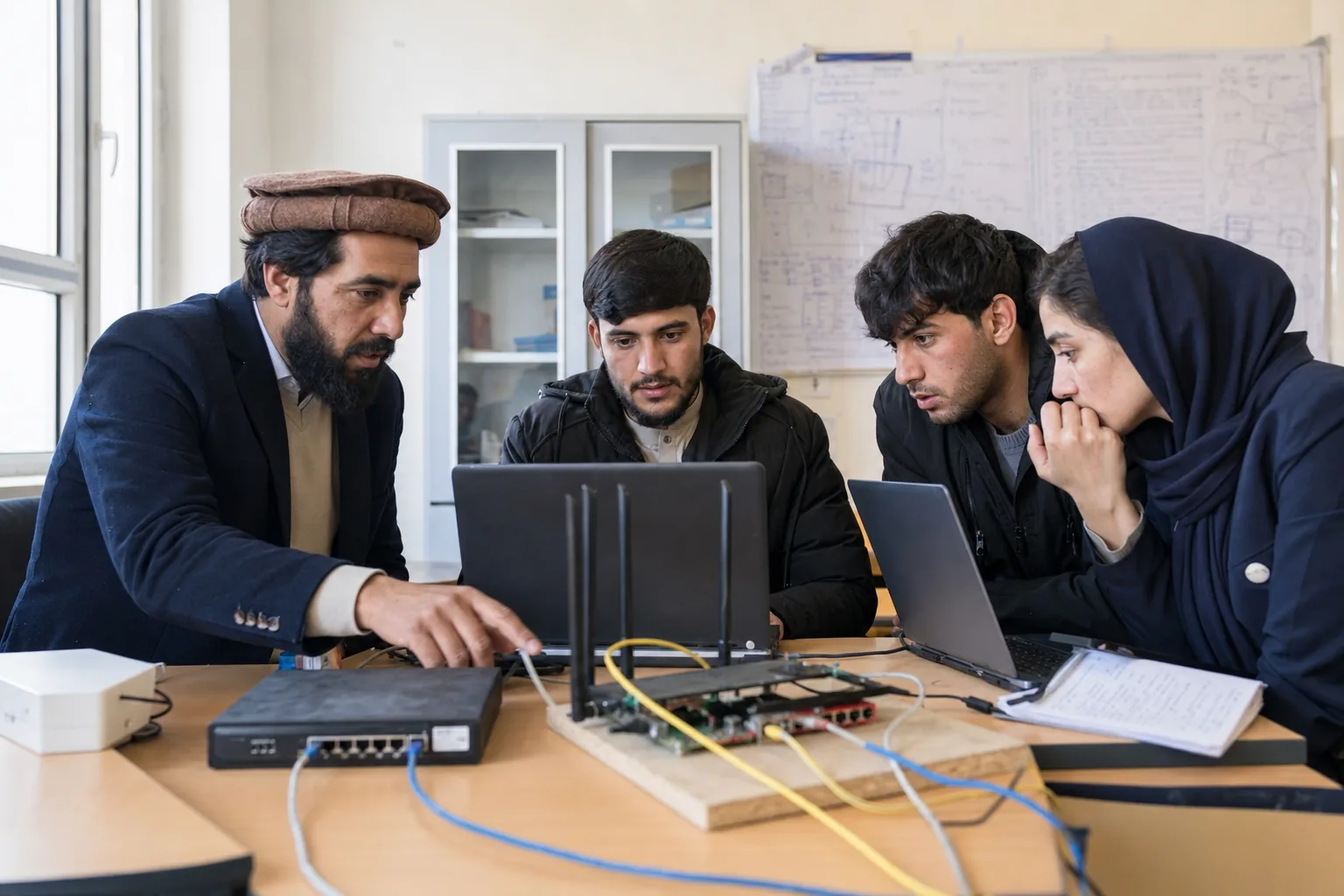 Faculty and senior students reviewing a network research prototype